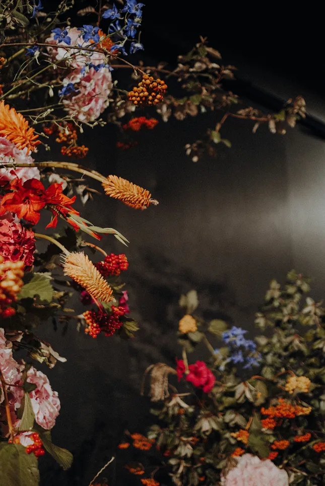 dans un décor noir se trouvent diverses fleurs de couleur orange, rouge, rose et bleu ainsi que des feuilles vertes